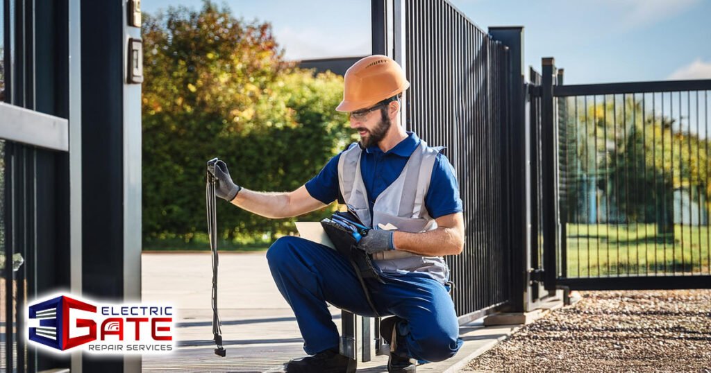 technician repairing commercial electric gate